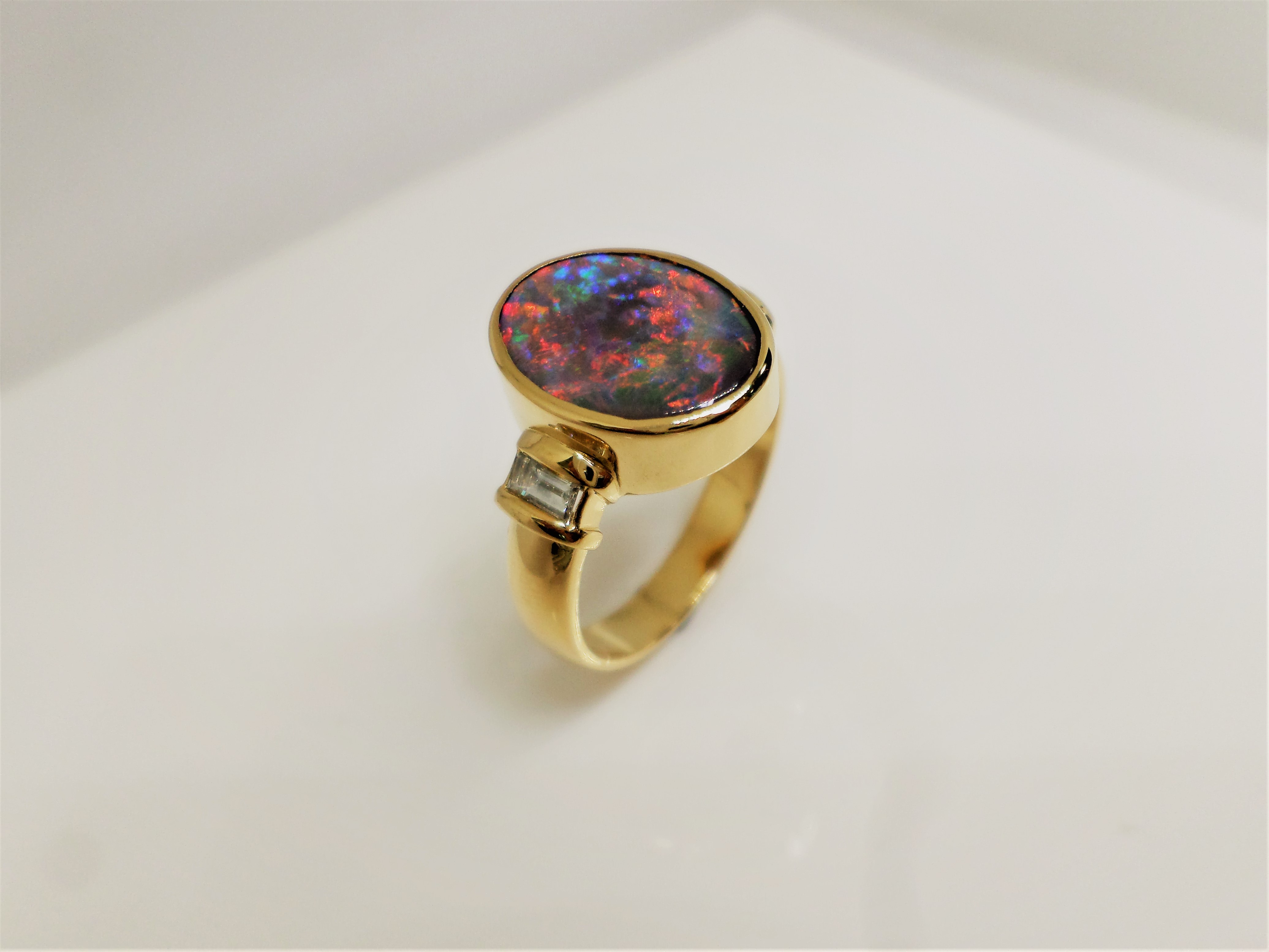 18ct Yellow Gold Lightning Ridge Opal & Diamond Ring